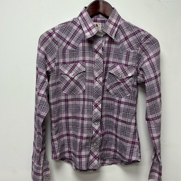 Women's denim plaid shirt size XS with shiny buttons - Picture 1 of 6